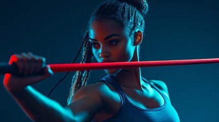 Empowered woman training with resistance band