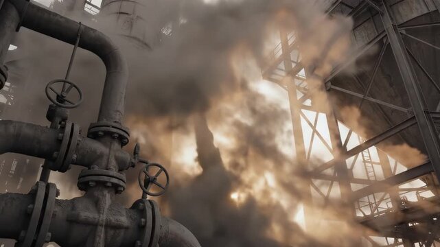 Dramatic industrial scene with cascading material and intricate metalwork bathed in sunlight, evoking power and gritty determination