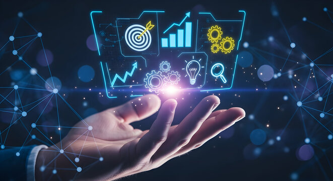 Hand holding futuristic holographic interface with business analytics icons.