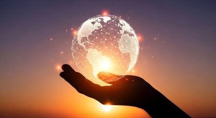Hand holding glowing digital earth globe at sunset symbolizing global connection and technology.