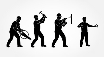 Construction Worker Silhouette Vector Showing Tool Actions — Hammering, Drilling, Sawing, Measuring

