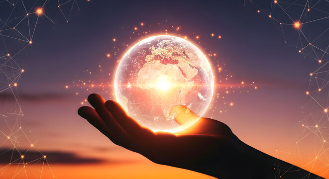 Hand holding glowing Earth globe with network connections at sunset.