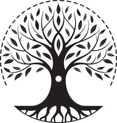 Tree of Life vector in circular emblem style with detailed leaves, roots and ornamental line art; for logos, tattoos, prints, jewelry and crafts. Outlined EPS for easy scaling.