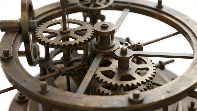 Close-up view of an intricate mechanical gear system with interlocking brass cogs and rotating components