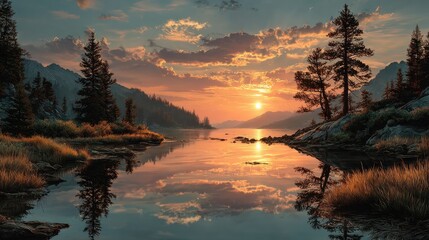Sunset paints vivid colors across a calm lake, reflecting on the water near the rocky shoreline as trees frame the golden light in the evening