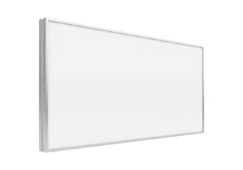 Illuminated rectangular display panel with a simple white surface, framed by a thin metallic border, ideal for presentations and information sharing