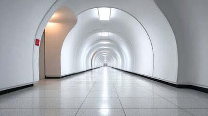 Modern architectural corridor with smooth white walls and arched ceilings, featuring polished floor tiles and soft lighting, creating a serene and spacious atmosphere for exploration