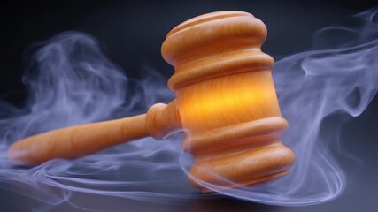 A wooden gavel, illuminated with a warm glow, floats in a cloud of ethereal smoke - Powered by Adobe