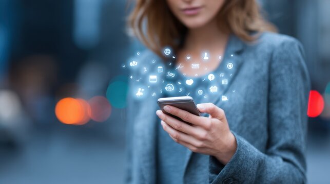 Business woman uses smartphone, showing social media engagement and connection through network platform application