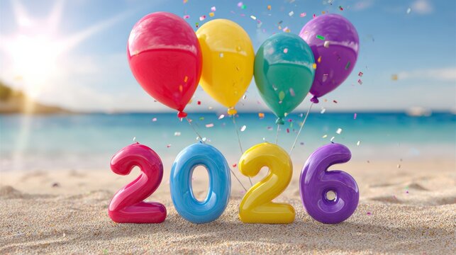 Colorful balloons floating above vibrant 2026 numbers on sandy beach, with sparkling confetti and sunlit ocean in the background, celebrating New Years Eve in a festive atmosphere
