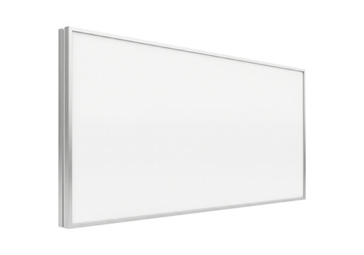 Illuminated rectangular display panel with a simple white surface, framed by a thin metallic border, ideal for presentations and information sharing