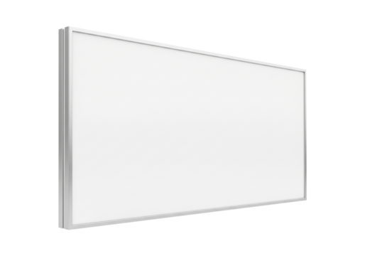 Illuminated rectangular display panel with a simple white surface, framed by a thin metallic border, ideal for presentations and information sharing
