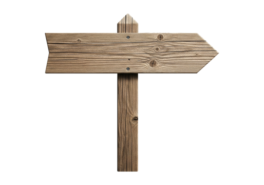 Wooden arrow signpost pointing to the right on a white background with a rustic texture, perfect for directional or informational purposes