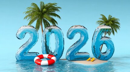 Colorful 3D illustration of the year 2026 displayed on a tropical beach with palm trees, lifebuoy, and sandy shore, creating a vibrant summer vacation atmosphere