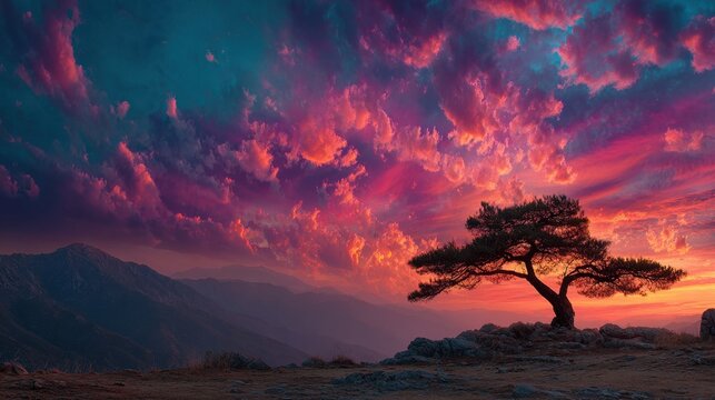 Lone tree on a mountain silhouetted against a vibrant sunset, with orange, pink, and blue clouds filling the dramatic sky over distant rolling hills - Powered by Adobe