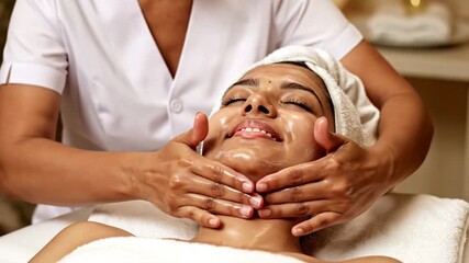 Woman enjoying facial massage, skincare therapy promotes relaxation, rejuvenating spa session evokes tranquility, wellness and self-care emphasized