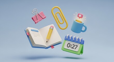 Stay organized and productive with this modern 3D render of office supplies floating on a blue background for your next project or presentation today