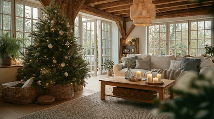 Cozy Christmas Retreat: An inviting living room exudes the warmth and charm of the holiday season, with a beautifully adorned tree as its centerpiece, creating a sense of comfort and festivity.