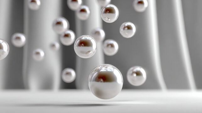 Floating glossy spheres in a serene environment, reflecting soft light against a backdrop of gently draped fabric, creating an ethereal and calming atmosphere for visual storytelling