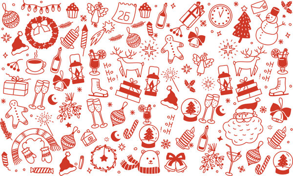 Hand drawn chalk vintage new year set. Whimsical Christmas dinner table decor candles, charcuterie, wine or champagne. Retro vintage ink holiday menu elements. La dolce vita vector illustration