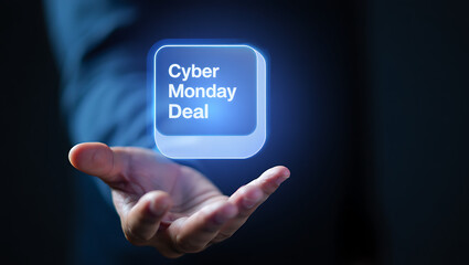 Hand presenting a glowing holographic display showing cyber monday deals and discounts symbolizing online shopping and digital promotions for the holiday season