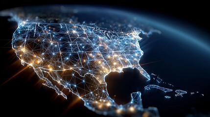 Illuminated US Map: A stunning visualization of the United States, illuminated with interconnected lights that outline its form, set against the backdrop of the Earth.