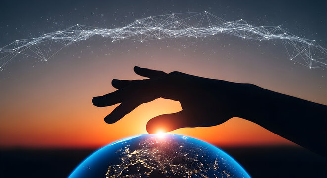 Hand Reaching Out to Touch the Glowing Earth at Sunset with Digital Network Overlay.