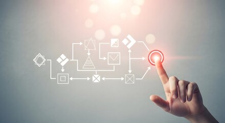 Hand touching a glowing red button on a digital flowchart representing a business process.
