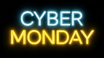 Neon sign displaying the phrase Cyber Monday in bright blue and yellow colors against a dark background, emphasizing the excitement of online shopping deals and promotions