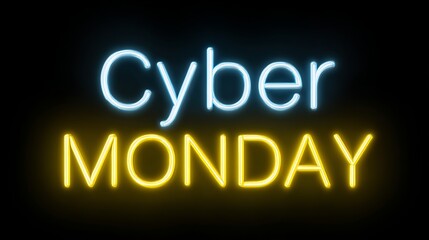 Neon sign displaying the phrase Cyber Monday in bright blue and yellow colors against a dark background, symbolizing online shopping and digital sales events during holiday season