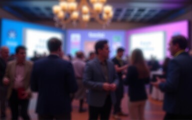 Corporate Event Blur: A blurred background of a corporate event in a conference hall, with people networking and socializing. High quality