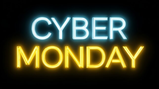 Neon sign displaying the phrase Cyber Monday in bright blue and yellow colors against a dark background, emphasizing the excitement of online shopping deals and promotions - Powered by Adobe