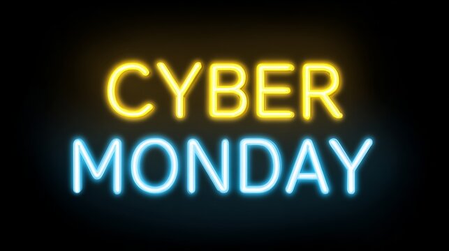 Neon sign displaying the phrase Cyber Monday in bright yellow and blue colors against a dark background, symbolizing online shopping and digital sales events during holiday season