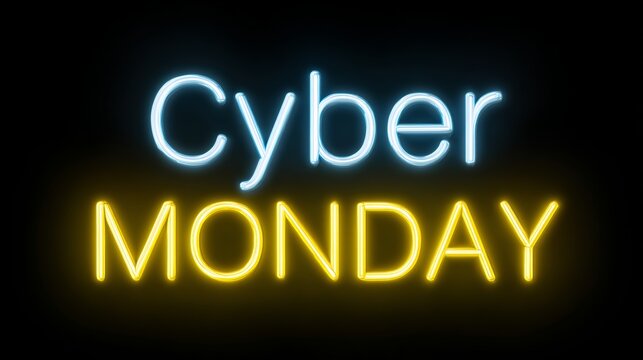 Neon sign displaying the phrase Cyber Monday in bright blue and yellow colors against a dark background, symbolizing online shopping and digital sales events during holiday season