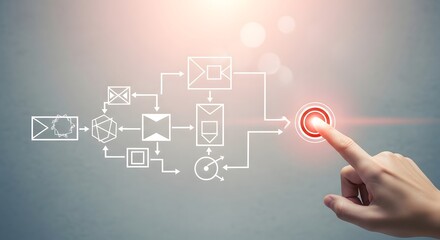 Hand Touching Glowing Button on Digital Workflow Diagram.