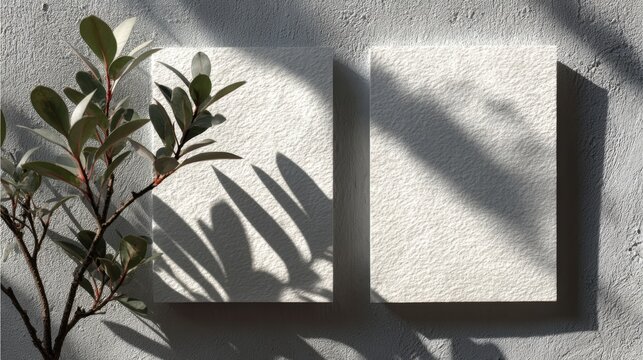 Two vertical white paper sheets on gray background with exotic plant shadows creating a simple natural presentation for stationery mockups in high quality horizontal realistic design