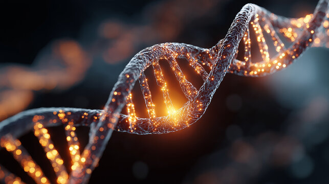 DNA Helix: A captivating portrayal of a DNA helix, a vibrant symbol of life's blueprint, intertwined with glowing lights against a dark backdrop.