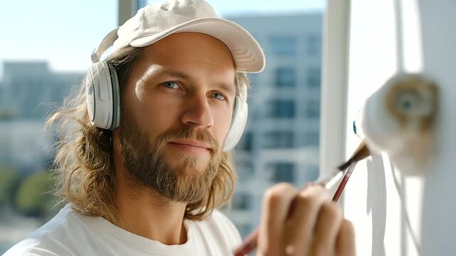 Painter man in headphones rolling white wall in new apartment, renovation lifestyle, bright daylight, with copy space