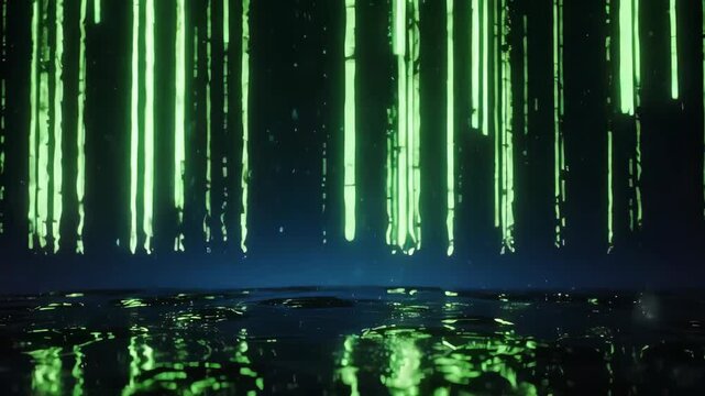 Abstract Green Code Rain on Water Surface - Cyberpunk Aesthetic.