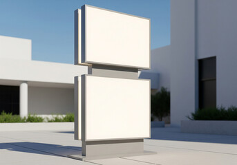 Vertical totem sign with two blank, illuminated screens. Modern, tall, slim design in urban architecture, ideal for digital advertising