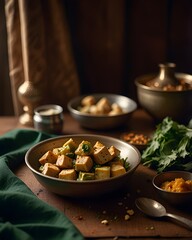 A rustic bowl of spiced paneer cubes served with herbs and condiments on a wooden table. Warm lighting enhances the traditional Indian flavors in this cozy food scene.