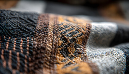 A detailed view of a woven tablecloth with intricate patterns and textures