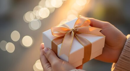 Hands holding a beautifully wrapped gift box with a golden ribbon and bow.