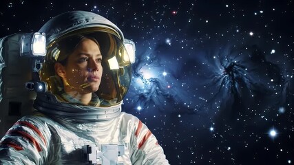 Female astronaut looking thoughtfully into the vastness of space, surrounded by nebulae and stars, embodying exploration and discovery