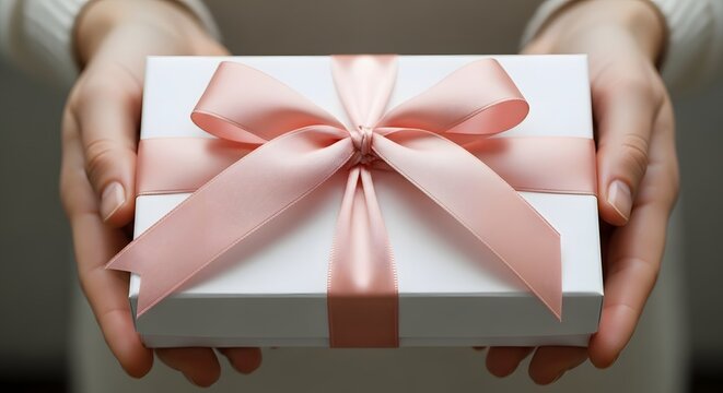 Hands holding a beautifully wrapped gift box with a pink ribbon.