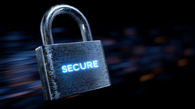 Metallic padlock with glowing blue Secure text representing cybersecurity and data protection