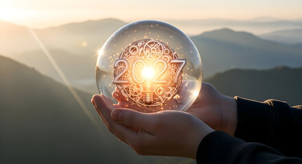 Hands holding a crystal ball with the year 2027 glowing inside at sunset.