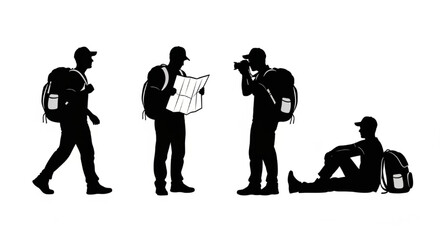 Naklejka premium Traveler Silhouette Vector Showing Journey Actions — Walking, Checking Map, Taking Photo, Resting