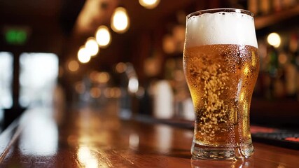 Frosty glass of beer on a wooden bar counter, inviting pub ambiance with warm lighting, perfect for Oktoberfest celebrations and social gatherings