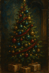 Elegant Luxury Christmas Tree with Gold Ornaments in Classic Holiday Interior